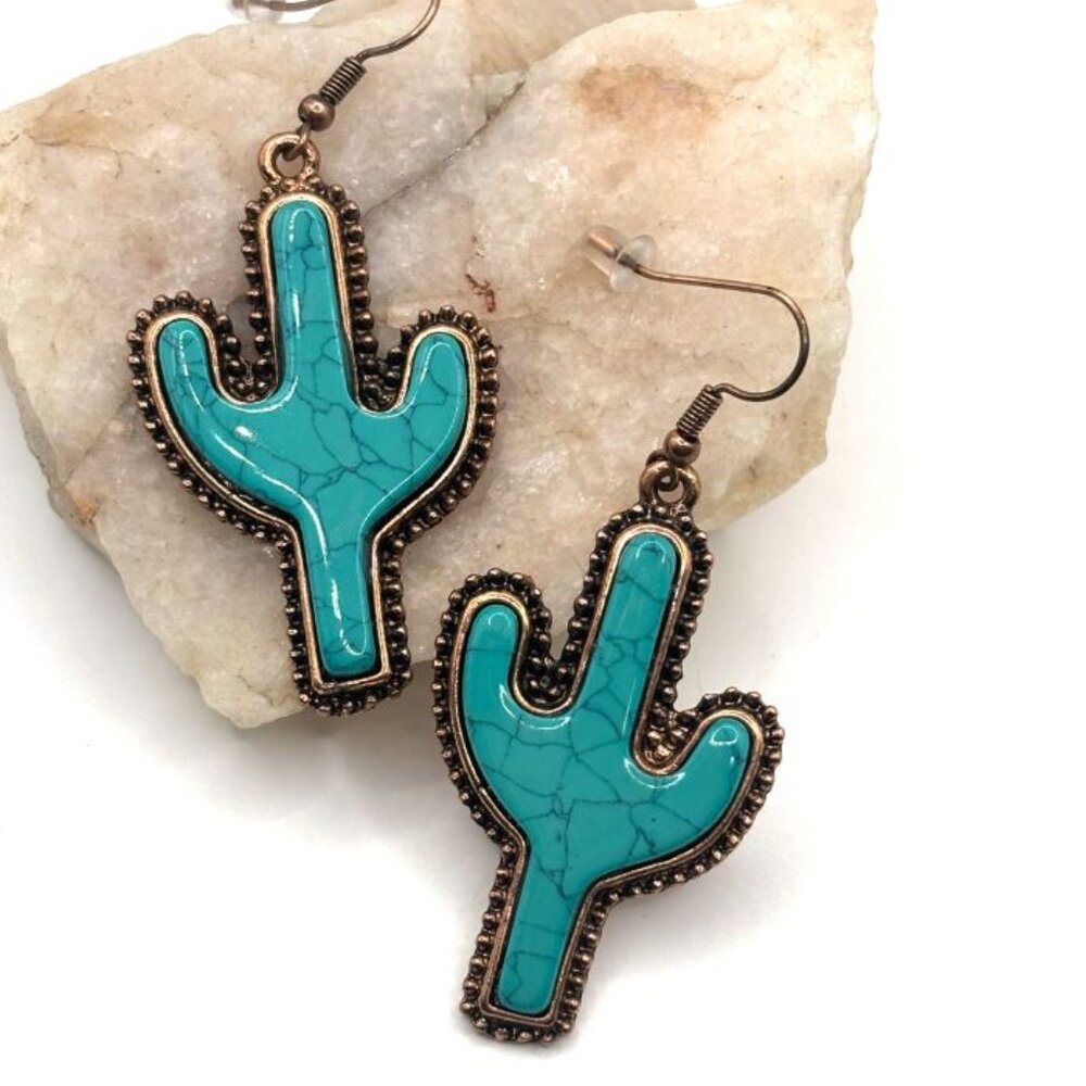 Western Southwestern Copper Turquoise Blue Saguaro Cactus Cacti Dangle Earrings
